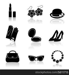 Woman fashion stylish casual shopping classic black icons set isolated vector illustration.