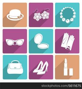 Woman fashion stylish casual shopping classic flat icons set of makeup footwear and accessories isolated vector illustration