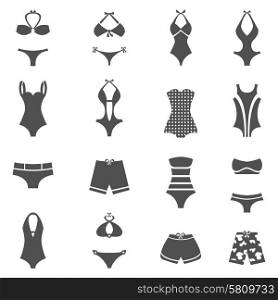 Woman fashionable swimwear black flat icons set isolated vector illustration. Swimwear Icons Set