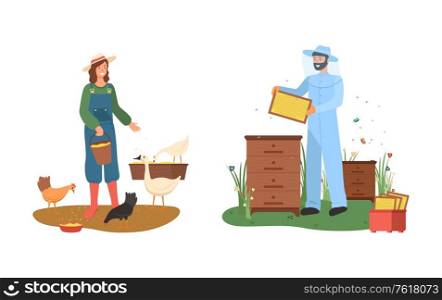 Woman feeding chicken and goose, man in uniform holding hives with honey, agricultural workers, beekeeper and farmer portrait view, country farmland vector. Farmer and Beekeeper Country Farmland, Farm Vector