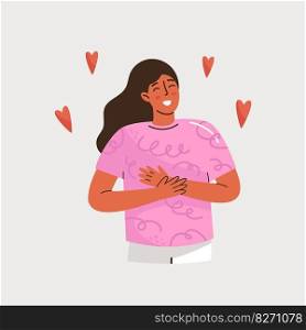Woman feeling self love, bliss, harmony, positive emotion. Happy calm peaceful girl volunteer. Care, humanity, selfhelp and peace concept. Colored flat vector illustration