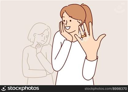 Woman feels happiness and delight showing wedding ring on finger after marriage proposal from boyfriend. upset girl becomes cheerful learning about imminent wedding and receiving ring from beloved man. Woman feels delight showing wedding ring on finger after marriage proposal from boyfriend