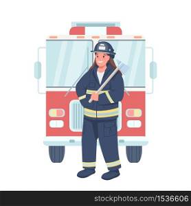 Woman firefighter flat color vector detailed character. Gender equality at workplace. Female fireman holding equipment isolated cartoon illustration for web graphic design and animation. Woman firefighter flat color vector detailed character