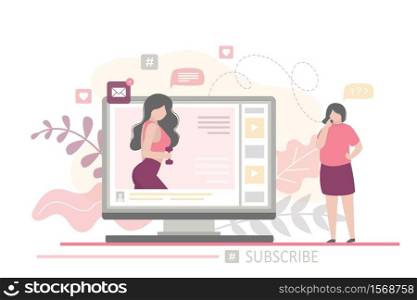 Woman fitness teacher on monitor screen. Athletic girl makes vlog about healthy and sport lifestyle. Girl holding dumbbells. Fat overweight woman watches fitness instructor blog. Trendy vector illustration
