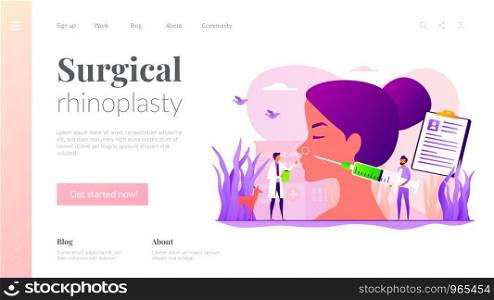 Woman flat vector character making nasal reconstruction surgery. Beauty industry. Rhinoplasty, nose correction procedure, surgical rhinoplasty concept. Website homepage header landing web page template.. Rhinoplasty concept landing page