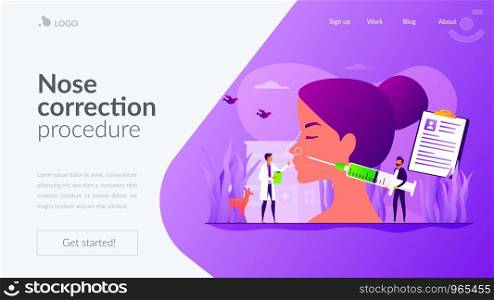 Woman flat vector character making nasal reconstruction surgery. Beauty industry. Rhinoplasty, nose correction procedure, surgical rhinoplasty concept. Website homepage header landing web page template.. Rhinoplasty concept landing page