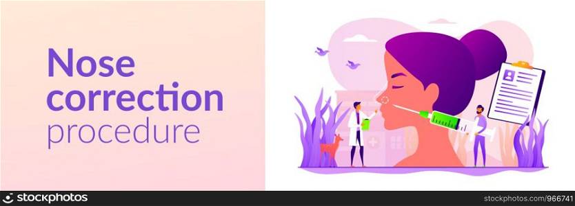 Woman flat vector character making nasal reconstruction surgery. Beauty industry. Rhinoplasty, nose correction procedure, surgical rhinoplasty concept. Header or footer banner template with copy space.. Rhinoplasty web banner concept
