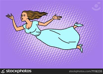 woman flies, fairy sorceress. Comic cartoon pop art retro vector illustration drawing. woman flies, fairy sorceress