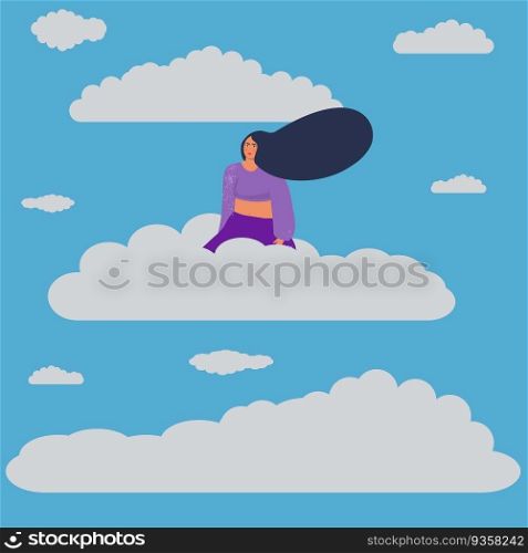 Woman flies in the clouds. Flat design vector illustration. 