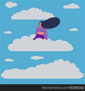Woman flies in the clouds. Flat design vector illustration. 