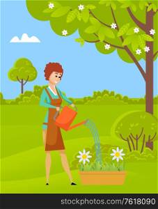 Woman florist watering daisies in flower-pot, garden outdoor, green bushes and grass, tree with flowers. Smiling female gardener in apron planting vector. Florist Watering Flowers, Gardening Hobby Vector