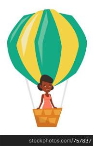 Woman flying in a hot air balloon. Woman standing in basket of hot air balloon. Woman traveling in aerostat. Girl riding a hot air balloon. Vector flat design illustration isolated on white background. Woman flying in hot air balloon.
