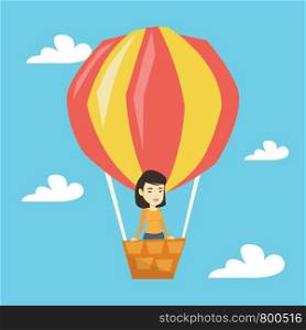 Woman flying in a hot air balloon. Woman standing in the basket of hot air balloon. Woman traveling in hot air balloon. Girl riding a hot air balloon. Vector flat design illustration. Square layout.. Asian woman flying in hot air balloon.