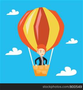 Woman flying in a hot air balloon. Woman standing in the basket of hot air balloon. Woman traveling in hot air balloon. Vector flat design illustration. Square layout.. Young woman flying in hot air balloon.