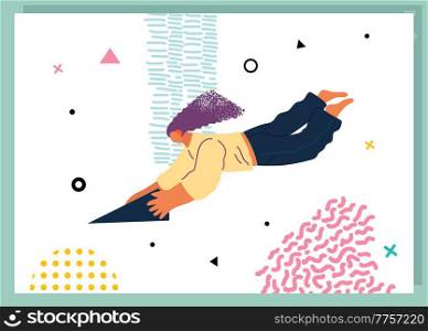 Woman flying in abstract imaginary space organizing geometric shapes. Person in a pose of movement collecting figures. Teamwork and team building organization concept. Modern business illustration. Woman flying in abstract imaginary space organizing different geometric shapes. Teamwork concept
