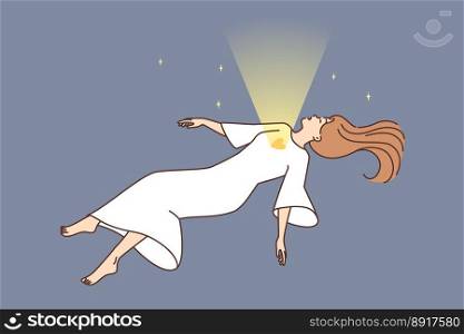 Woman flying in sky with heart open for enlightenment. Soul leaving human body. Concept of physical embodiment and eternal life. Vector illustration. . Soul leaving human body reaching sky