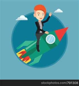 Woman flying on business start up rocket. Caucasian businesswoman waving on business start up rocket. Business start up concept. Vector flat design illustration in the circle isolated on background.. Business start up vector illustration.