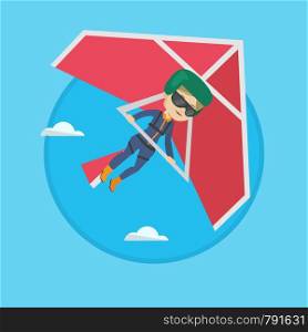 Woman flying on hang-glider. Sportswoman taking part in hang gliding competitions. Woman having fun while gliding on delta-plane. Vector flat design illustration in the circle isolated on background.. Woman flying on hang-glider vector illustration.
