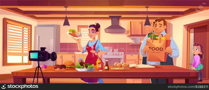 Woman food blogger on kitchen interior vector illustration. Happy mother vlogger cooking online on video for family with camera content. Cook recording at home with smile for education table view. Woman food blogger on kitchen interior vector