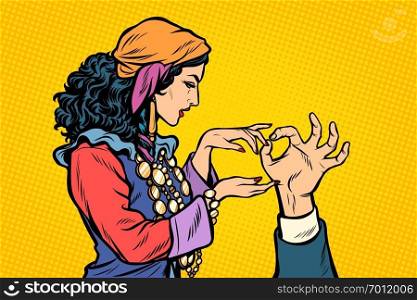 Woman fortune teller Gypsy. Palmistry hand. Pop art retro vector illustration vintage kitsch. Woman fortune teller Gypsy. Palmistry hand