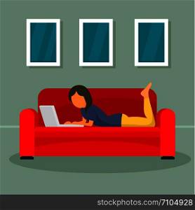 Woman freelancer at sofa concept background. Flat illustration of woman freelancer at sofa vector concept background for web design. Woman freelancer at sofa concept background, flat style