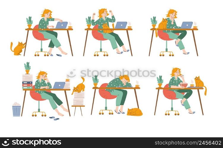 Woman freelancer emotions and activities set. Freelance girl wear pajama work at home office sit at desk with laptop and cute cat, thinking, drink coffee, sleeping, upset, Line art vector illustration. Woman freelancer emotions, work and activities