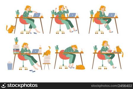 Woman freelancer emotions and activities set. Freelance girl wear pajama work at home office sit at desk with laptop and cute cat, thinking, drink coffee, sleeping, upset, Line art vector illustration. Woman freelancer emotions, work and activities
