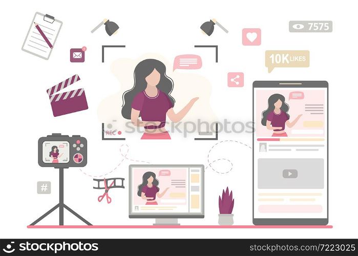 Woman freelancer makes video blog. Female blogger recording video, media content production. Various network signs and icons. Streaming technology or online courses. Vlog creation. Vector illustration. Woman freelancer makes video blog. Female blogger recording video, media content production. Streaming technology or online courses.
