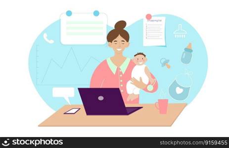Woman freelancer working from home with child. Balance between work and motherhood. Vector illustration. Woman freelancer working from home with child. Balance between work and motherhood