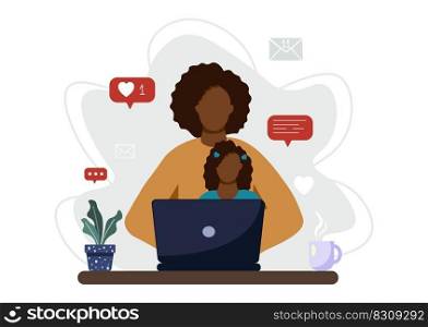 Woman freelancer working from home with child. Single mom taking care of her daughter alone. Single parent family. Vector illustration