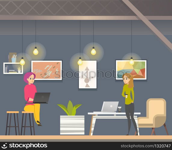 Woman Freelancer Working in Coworking Open Space. Shared Working Environment for Creative Collaboration Teamwork. Flat Cartoon Vector Illustration. Woman Freelancer Working in Coworking Open Space