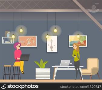 Woman Freelancer Working in Coworking Open Space. Shared Working Environment for Creative Collaboration Teamwork. Flat Cartoon Vector Illustration. Woman Freelancer Working in Coworking Open Space