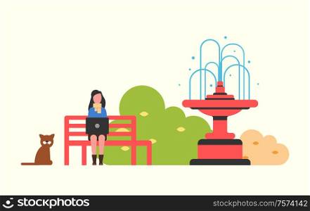 Woman freelancer working on laptop, sitting on bench isolated. Vector park with fountain, cute cat working nearby, color fall season bushes vector. Woman Freelancer Working on Laptop, Autumn Bench