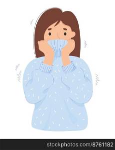 Woman freezing wearing wrapped in warm sweater and shivering. Cartoon flat vector illustration. Concept disease, winter season, cold and suffering of low degrees temperature