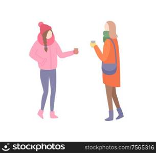 Woman friends talking discussing problems at street vector. Cold weather outdoors female girlfriends wearing warming clothes hats and jackets trousers. Woman Friends Talking Discussing Problems Street
