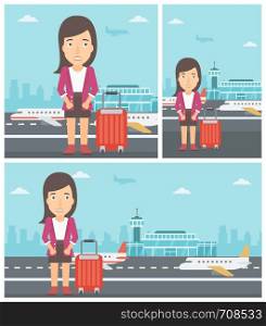 Woman frightened by future flight. Woman standing at airport and suffering from fear of flying. Phobia, fear of flying concept. Vector flat design illustration. Square, horizontal, vertical layouts.. Woman suffering from fear of flying.
