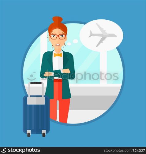 Woman frightened by future flight. Woman standing at the airport and suffering from fear of flying. Phobia, fear of flying concept.Vector flat design illustration in the circle isolated on background.. Woman suffering from fear of flying.