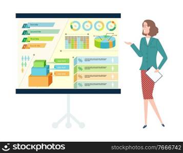 Woman full length view presenting board with chart and diagram statistic, worker showing graphs with percents, title and text template, work vector. Worker Presenting Charts on Board, Work Vector