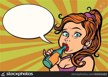 woman funny drinking a bottle of water or beer. Comic cartoons pop art retro vector illustration kitsch drawing. woman funny drinking a bottle of water or beer