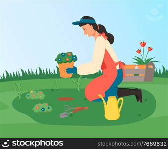 Woman gardener transplant bushes with flowers into a soil. Woman working in the garden at spring. Agriculturer doing gardening works using watering can and garden instruments. Cute vector character. Woman gardener transplant bushes from pots into soil, doing farming gardening job, growing flowers