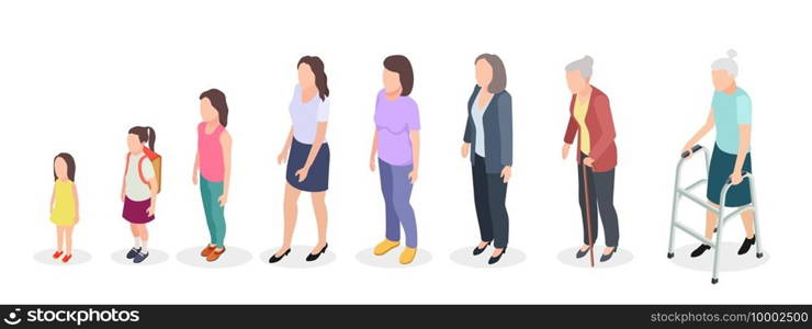 Woman generations. Isometric adult, vector female characters kids girl old woman human age evolution. Illustration woman generation growing from toddler to old. Woman generations. Isometric adult, vector female characters kids girl old woman human age evolution