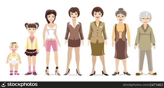 Woman generations. Woman at different ages, baby, child, woman and elderly. Vector illustration. Woman generations