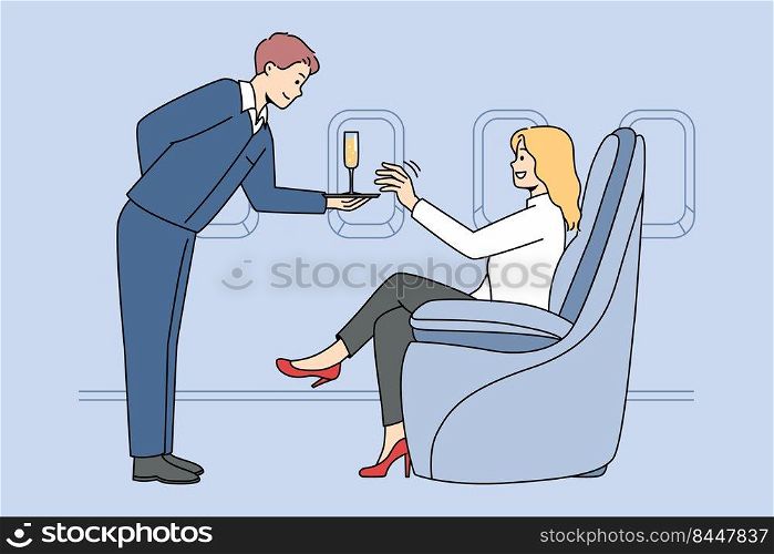 Woman get exceptional service in business class in plane. Rich female passenger get ch&agne on board in luxury first class airplane. Vector illustration.. Woman get ch&agne in business class on plane