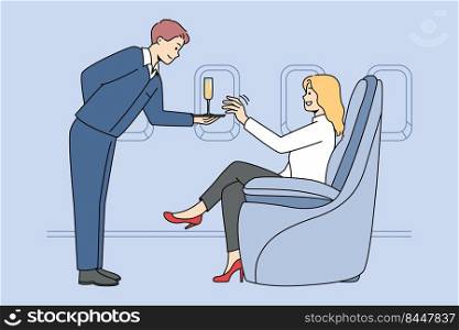 Woman get exceptional service in business class in plane. Rich female passenger get ch&agne on board in luxury first class airplane. Vector illustration.. Woman get ch&agne in business class on plane