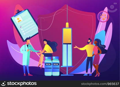 Woman getting flu shot. Contagious disease prevention. Vaccination of adults, adult immunization schedule, vaccine preventable diseases concept. Bright vibrant violet vector isolated illustration. Vaccination of adults concept vector illustration.