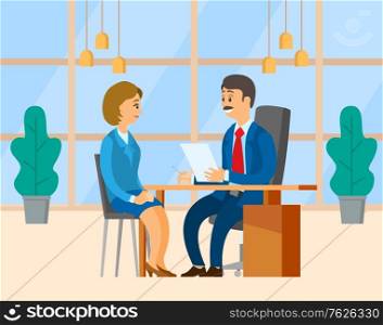 Woman getting new job in office vector, boss employer and potential employee. Female wearing formal clothes, boss reading cv and asking questions. Flat cartoon. Bass and Woman in Office, Interview on New Job