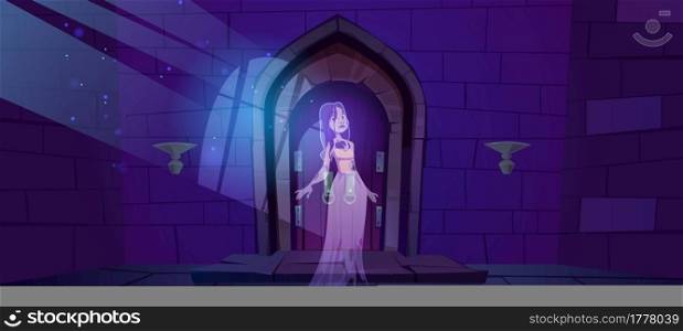 Woman ghost in medieval castle with wooden doors. Vector cartoon spooky illustration of entrance to dungeon, prison or fortress and dead girl spirit. Halloween scary background with phantom lady. Woman ghost in medieval castle with wooden doors