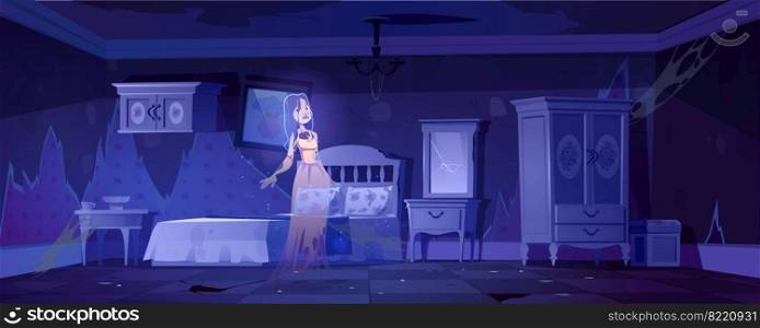 Woman ghost in old bedroom at night. Vector cartoon interior of empty abandoned home with broken furniture, crashed mirror and mess. Spooky illustration with dead girl spirit in dirty room. Woman ghost in old bedroom at night
