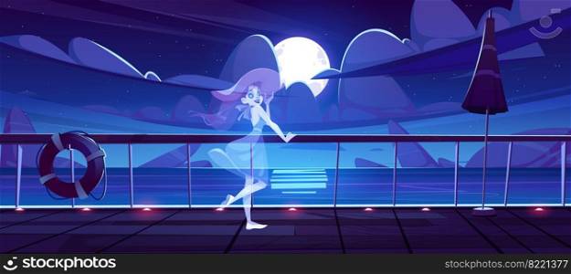 Woman ghost on cruise ship deck at night. Vector cartoon illustration of dead girl spirit on wooden boat deck with railing, lifebuoy and umbrella. Ocean landscape with rocks in water, moon in sky. Woman ghost on cruise ship deck at night
