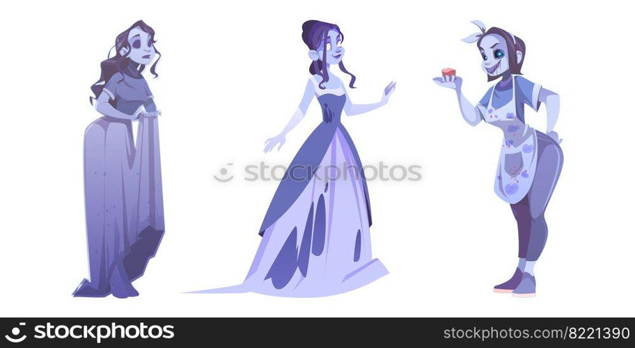 Woman ghosts, spirits of dead ladies isolated on white background. Vector cartoon set of phantoms bride, baker and sad girl. Halloween spooky female characters. Woman ghosts, spirits of dead girls